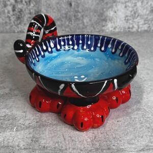Hand Painted Cat Ceramic Food Water Bowl Whimsical Striped Tail Paws Feet
